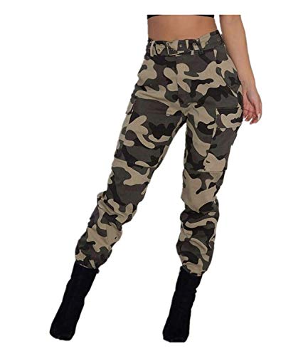 Pantalones Militares Mujer Cintura Alta Pantalon de Camuflaje de Chándal Hip Hop Punk Rock Casuales Tumblr Streetwear Sin cinturón Moda 2019 Yvelands(Caqui,L)