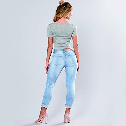 Pantalones Mujer Vaqueros Delgados Rasgados del Dril de Algodón, Pantalones Elásticos Bordados pies Pequeños Flor Tamaño S-XXXL Azul Claro 40 / M