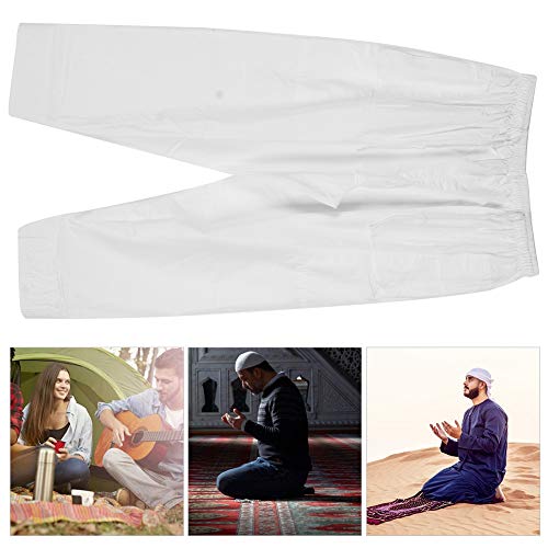 Pantalones Musulmanes para Hombres Pantalones afganos Sueltos de algodón con Banda elástica en la Cintura para la oración, Blanco(L-Blanco)