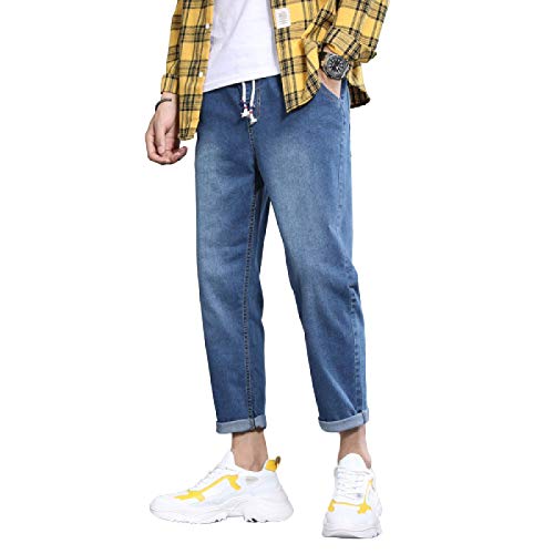 Pantalones Vaqueros de Verano para Hombre, Tendencia Fina, Holgados, Rectos, con cordón, Cintura elástica, Pantalones Vaqueros elásticos, Todo fósforo 3XL