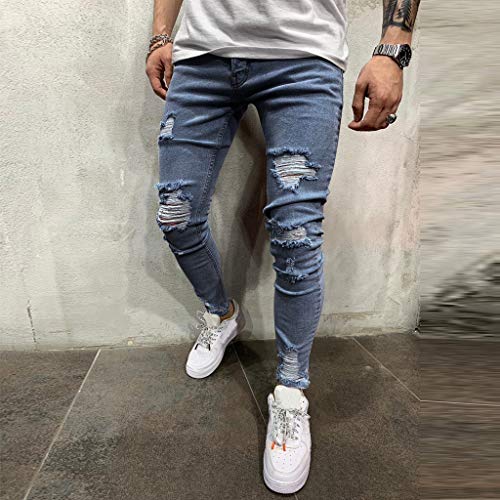 Pantalones Vaqueros Deportivos Hombres Rotos Pitillo Originales Slim Fit Skinny Pantalones Casuales Elasticos Agujero Pantalón Personalidad Slim fit Jeans con Cremallera Gusspower (S, Azul A)