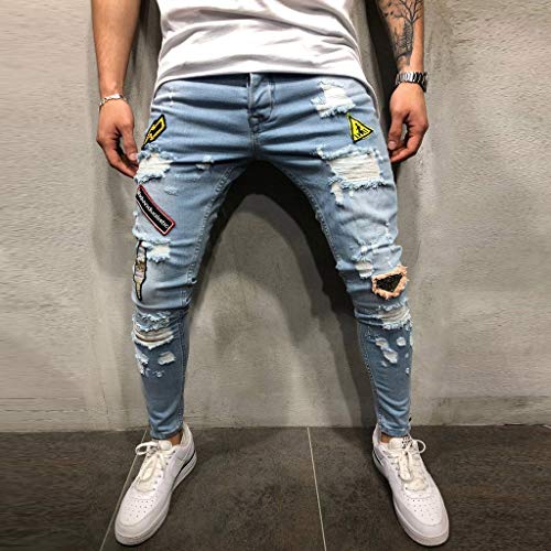 Pantalones Vaqueros Deportivos Hombres Rotos Pitillo Originales Slim Fit Skinny Pantalones Casuales Elasticos Agujero Pantalón Personalidad Slim fit Jeans con Cremallera Gusspower