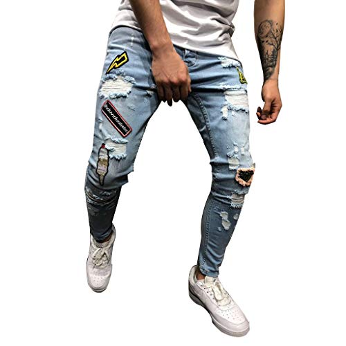 Pantalones Vaqueros Deportivos Hombres Rotos Pitillo Originales Slim Fit Skinny Pantalones Casuales Elasticos Agujero Pantalón Personalidad Slim fit Jeans con Cremallera Gusspower