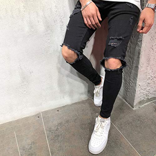 Pantalones Vaqueros Deportivos Hombres Rotos Pitillo Originales Slim Fit Skinny Pantalones Casuales Elasticos Agujero Pantalón Personalidad Slim fit Jeans con Cremallera Gusspower (S, Negro)