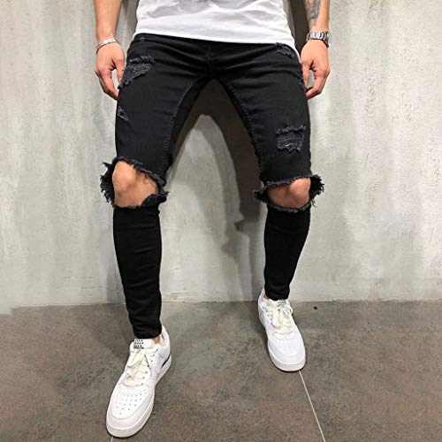 Pantalones Vaqueros Deportivos Hombres Rotos Pitillo Originales Slim Fit Skinny Pantalones Casuales Elasticos Agujero Pantalón Personalidad Slim fit Jeans con Cremallera Gusspower (S, Negro)