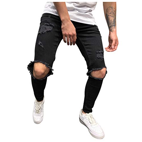 Pantalones Vaqueros Deportivos Hombres Rotos Pitillo Originales Slim Fit Skinny Pantalones Casuales Elasticos Agujero Pantalón Personalidad Slim fit Jeans con Cremallera Gusspower (S, Negro)