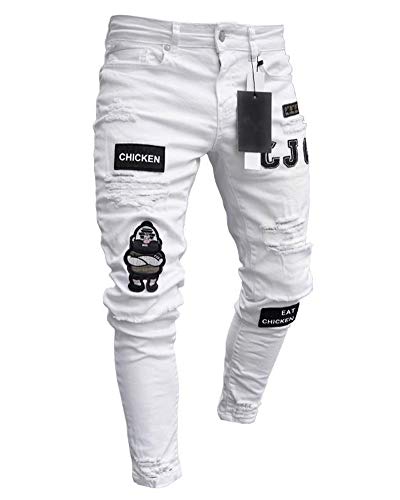 Pantalones Vaqueros Hombres Rotos Pitillo Slim Fit Skinny Pantalone Casuales Elasticos Agujero Pantalón Personalidad Jeans de Insignia Blanco L