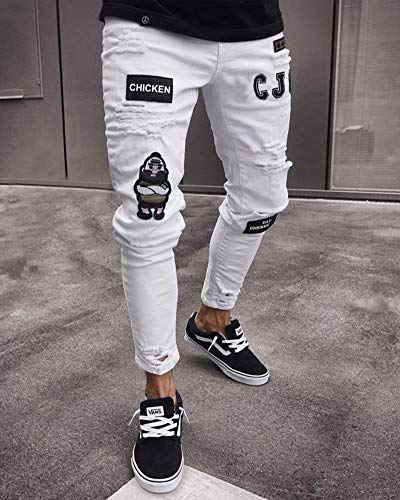 Pantalones Vaqueros Hombres Rotos Pitillo Slim Fit Skinny Pantalone Casuales Elasticos Agujero Pantalón Personalidad Jeans de Insignia Blanco M