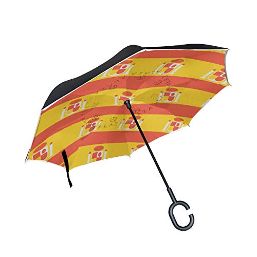 Paraguas invertido de la bandera de España de doble capa, resistente al viento, impermeable, apertura automática, plegable al revés, paraguas de coche con mango en forma de C