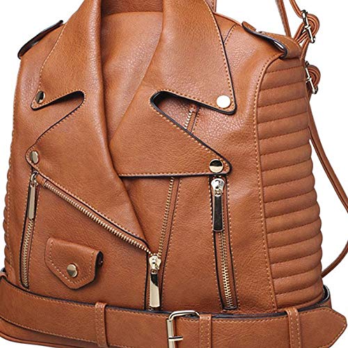 Paula Rossi bolso mochila mujer antirrobo chaqueta casual marron camel barata elegante grande original polipiel seguro tachuelas vintage (marrón)