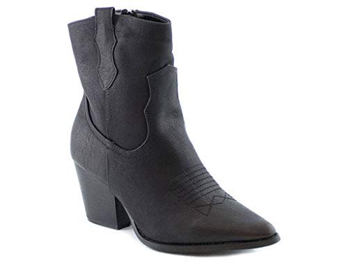 PAYMA - BotÍn Bota Cowboy Baja de Mujer. Bota Vaquera Western. Cierre Cremallera Lateral. Negro, Marrón