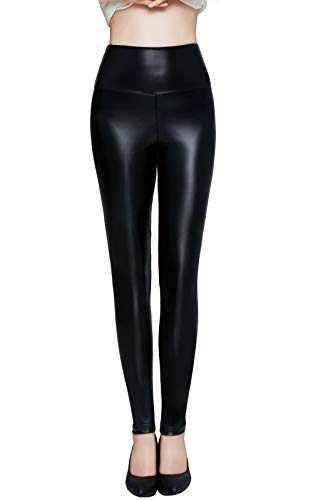 Pelisy Leggings Cuero Mujer Negro Cintura Alta Skinny Sexy Sintetico PU Efecto Pantalones L