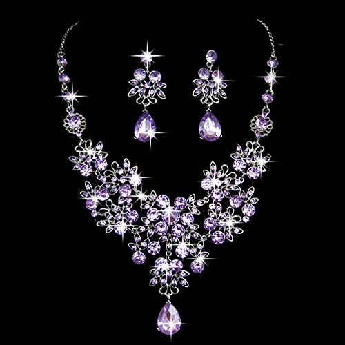 Pendientes De Collar Conjuntos Joyas,Mujeres Niñas Nupcial Vintage Cristal Austriaco Brillante Violeta Zirconia Colgante De Diamantes Cadena Gorgerous Boda Vestido De Banquete Conjunto Clásico Regal