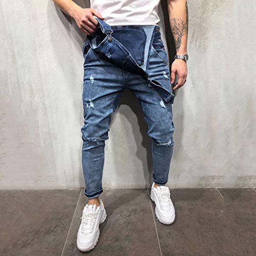 Peto Corte Ajuste Holgado Pantalón Chandal Hombre Mono Vaquero Mezclilla Jumpsuit Casual Pantalones con Agujeros Suelto para Hombre Roto con Peto Tirante con Botones y Bolsillos (S, Azul#0128)
