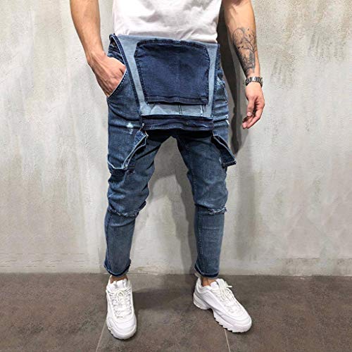 Peto Corte Ajuste Holgado Pantalón Chandal Hombre Mono Vaquero Mezclilla Jumpsuit Casual Pantalones con Agujeros Suelto para Hombre Roto con Peto Tirante con Botones y Bolsillos (S, Azul#0128)
