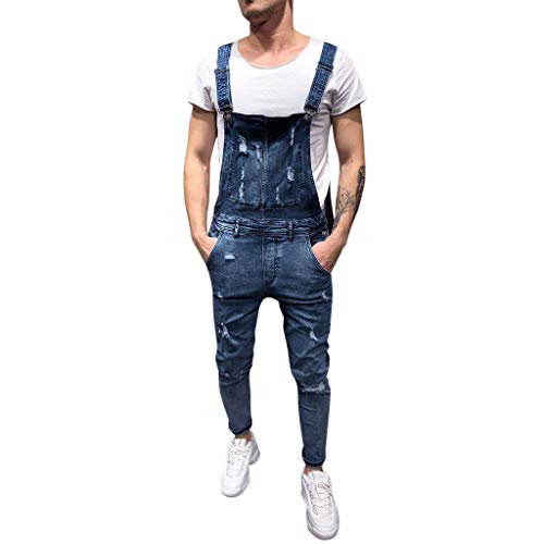 Peto Corte Ajuste Holgado Pantalón Chandal Hombre Mono Vaquero Mezclilla Jumpsuit Casual Pantalones con Agujeros Suelto para Hombre Roto con Peto Tirante con Botones y Bolsillos (S, Azul#0128)