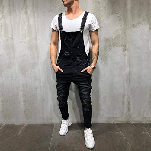 Peto Corte Ajuste Holgado Pantalón Chandal Hombre Mono Vaquero Mezclilla Jumpsuit Casual Pantalones con Agujeros Suelto para Hombre Roto con Peto Tirante con Botones y Bolsillos (S, Negro#0128)