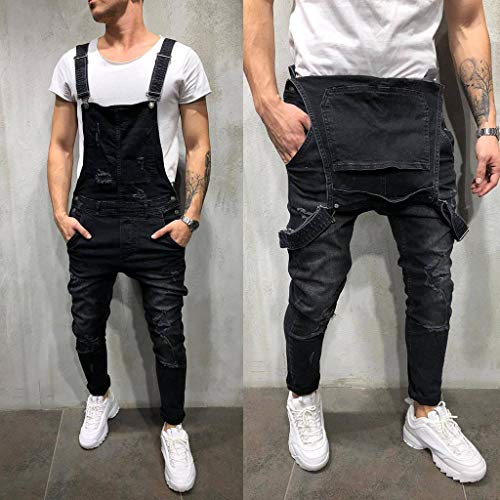 Peto Corte Ajuste Holgado Pantalón Chandal Hombre Mono Vaquero Mezclilla Jumpsuit Casual Pantalones con Agujeros Suelto para Hombre Roto con Peto Tirante con Botones y Bolsillos (S, Negro#0128)