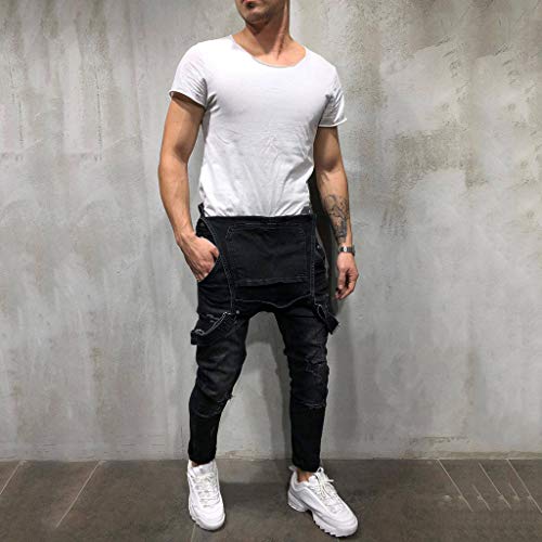 Peto Corte Ajuste Holgado Pantalón Chandal Hombre Mono Vaquero Mezclilla Jumpsuit Casual Pantalones con Agujeros Suelto para Hombre Roto con Peto Tirante con Botones y Bolsillos (S, Negro#0128)