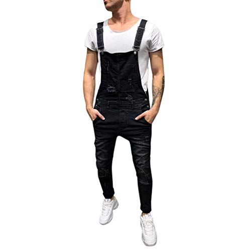 Peto Corte Ajuste Holgado Pantalón Chandal Hombre Mono Vaquero Mezclilla Jumpsuit Casual Pantalones con Agujeros Suelto para Hombre Roto con Peto Tirante con Botones y Bolsillos (S, Negro#0128)