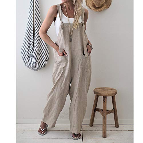 Petos de Pantalones Largo Casual para Mujer, Morbuy Verano Lino Baggy Harem Mono Suelto Moda Bolsillos Overoles Jumpsuit Tirantes Playa Fiesta Oficina Pantalón (M,Albaricoque)