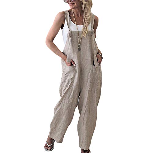 Petos de Pantalones Largo Casual para Mujer, Morbuy Verano Lino Baggy Harem Mono Suelto Moda Bolsillos Overoles Jumpsuit Tirantes Playa Fiesta Oficina Pantalón (M,Albaricoque)