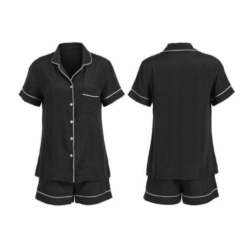 Pijamas para Mujer de Satén Conjuntos de 2 Piezas 1 Camisa con Mangas Cortas + 1 Pantalones Cortos Ropa para Dormir Mujer Entero Verano (Negro, S)