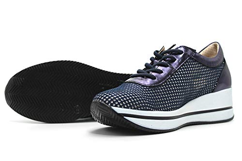 PITILLOS - Zapatos Sneakers de Piel con cordón elástico, de cuña, Suela Blanca de Goma, Rejilla, Calado, para: Mujer Color: Marino Talla:39