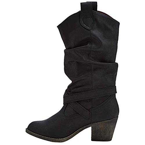 POLP Botas Camperas para Mujer Negro Marron Zapato de tacón con Hebilla Hasta la Rodilla Botas Vaqueras de tacón bajo de 5 cm Zapatos de Cuero artificial Sin Cordones Slip-On Botas altas de vestir