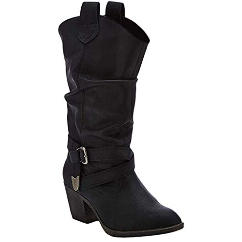 POLP Botas Camperas para Mujer Negro Marron Zapato de tacón con Hebilla Hasta la Rodilla Botas Vaqueras de tacón bajo de 5 cm Zapatos de Cuero artificial Sin Cordones Slip-On Botas altas de vestir