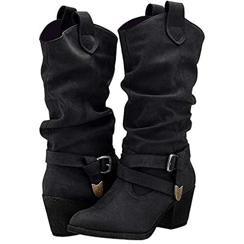 POLP Botas Camperas para Mujer Negro Marron Zapato de tacón con Hebilla Hasta la Rodilla Botas Vaqueras de tacón bajo de 5 cm Zapatos de Cuero artificial Sin Cordones Slip-On Botas altas de vestir