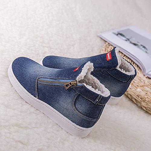 POLP Botines Invierno Mujer Caliente Botines de cuña Mujer Zapatos Vaquero Mujer 2019 Zapatos de algodón de Mezclilla Planos Botas de Nieve Cremallera Zapatos de Felpa