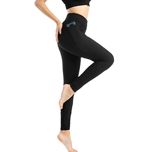 Push Up Leggings para Mujer con Bolsillo, Leggins Mujer Deporte con Bolsillo Alta Mujer Malla Celular Pantalón de Yoga Leggings, Anti-Celulitis Deportivos para Yoga Pilates Fitness (Negro, XL)