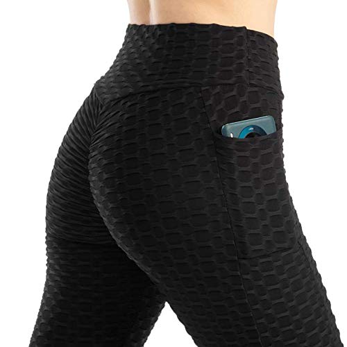 Push Up Leggings para Mujer con Bolsillo, Leggins Mujer Deporte con Bolsillo Alta Mujer Malla Celular Pantalón de Yoga Leggings, Anti-Celulitis Deportivos para Yoga Pilates Fitness (Negro, XL)