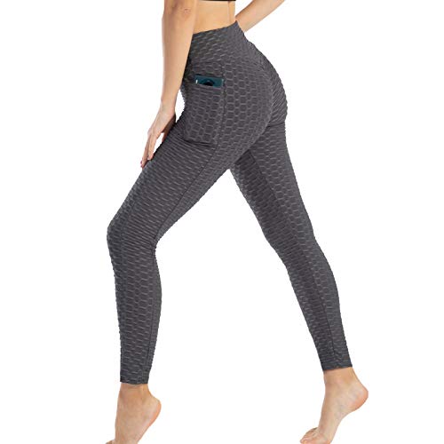 Push Up Leggings para Mujer con Bolsillo, Leggins Mujer Deporte con Bolsillo Alta Mujer Malla Celular Pantalón de Yoga Leggings, Anti-Celulitis Deportivos para Yoga Pilates Fitness (Gris, M)