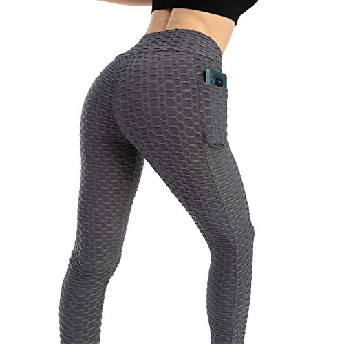 Push Up Leggings para Mujer con Bolsillo, Leggins Mujer Deporte con Bolsillo Alta Mujer Malla Celular Pantalón de Yoga Leggings, Anti-Celulitis Deportivos para Yoga Pilates Fitness (Gris, M)