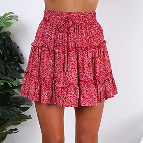 QinMMROPA Mini Falda de Volantes para Mujer, Falda Corta Sexy de Fiesta Minifalda Plisada Noche Tutu Playa Falda Cintura Alta Rojo XXL