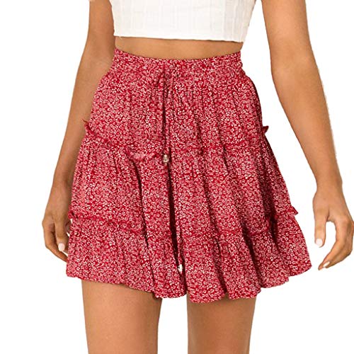 QinMMROPA Mini Falda de Volantes para Mujer, Falda Corta Sexy de Fiesta Minifalda Plisada Noche Tutu Playa Falda Cintura Alta Rojo XXL