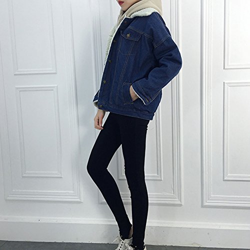 Qitun Chaqueta de Mezclilla Caliente Grueso Vaquera Calentar para Mujer Azul Marino L