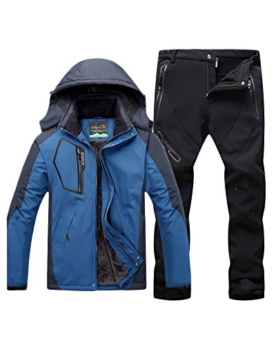 Qitun Hombre de Trekking Impermeable Deportivos Transpirable Pantalones Chaqueta de Esquí Impermeable Chaqueta de Nieve Excursionismo Conjunto DemAzul G L