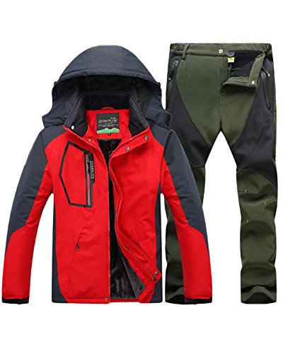 Qitun Hombre de Trekking Impermeable Deportivos Transpirable Pantalones Chaqueta de Esquí Impermeable Chaqueta de Nieve Excursionismo Conjunto Rojo G XXL