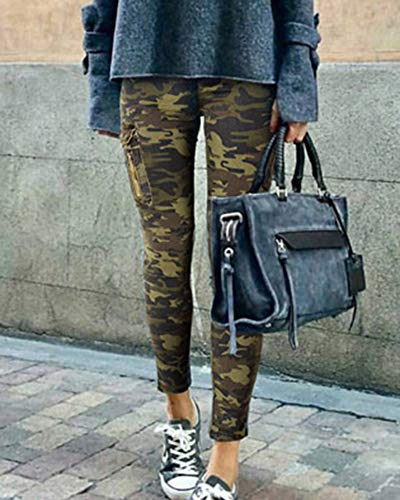 QitunC Mujer Camo Leggings Pantalon Vaqueros Elásticos Skinny Multi-Bolsillo Pantalones de Lápiz Camuflaje 36
