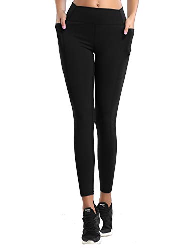 QueenDer Leggings Fitness Mujer Deporte Pantalones Largo Cintura Alta con Bolsillo Polainas Mallas para Yoga Running Cycling y Pilates (Negro, XXL)