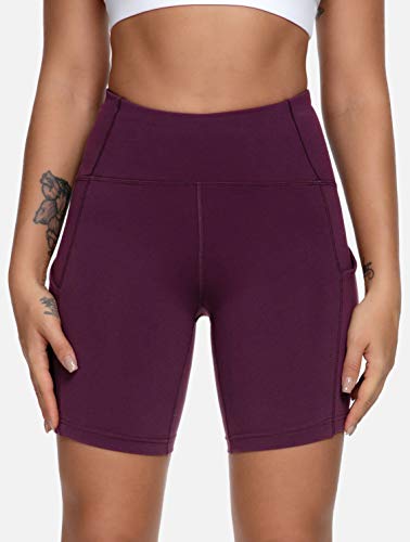 Queeneke - Pantalones cortos deportivos para mujer, con entrepierna de 15,2 cm, 3 bolsillos para teléfono, para yoga, correr, entrenamiento, color rojo 38