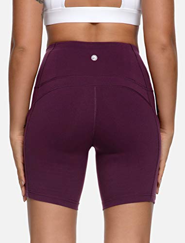 Queeneke - Pantalones cortos deportivos para mujer, con entrepierna de 15,2 cm, 3 bolsillos para teléfono, para yoga, correr, entrenamiento, color rojo 38
