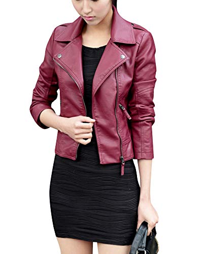 Quge Chaquetas Mujer Moto con Cremalleras Cortas Motorista Cuero De PU Abrigo Outerwear Vino Rojo XL