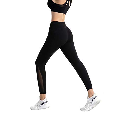 RaMokey Leggings Mujer Pantalón Deportivo Cintura Alta con Bolsillos Leggings Mallas para Yoga Pilates Running Fitness y Ejercicio Negro M