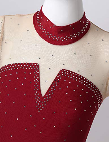 ranrann Vestido de Patinaje Artístico Diamantes para Niña Maillot Danza Clásica con Falda Leotardo de Ballet Gimnasia Rítmica Traje de Actuación Vino Rojo 8 años