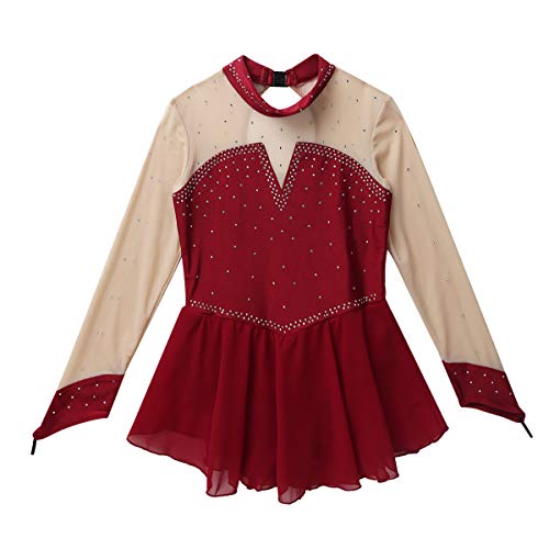ranrann Vestido de Patinaje Artístico Diamantes para Niña Maillot Danza Clásica con Falda Leotardo de Ballet Gimnasia Rítmica Traje de Actuación Vino Rojo 8 años