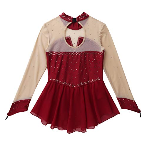 ranrann Vestido de Patinaje Artístico Diamantes para Niña Maillot Danza Clásica con Falda Leotardo de Ballet Gimnasia Rítmica Traje de Actuación Vino Rojo 8 años